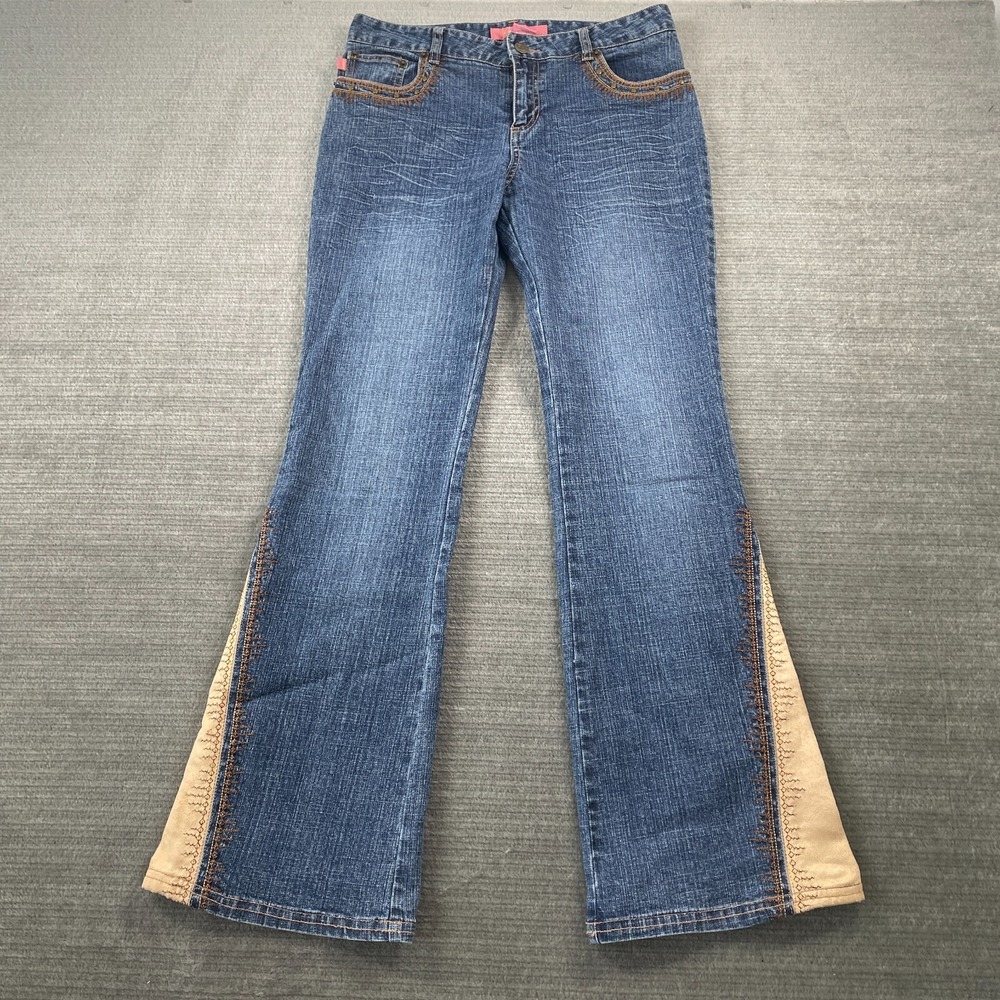 Y2K Bongo‎ Jeans kids 16 Medium Wash Flare Leg Low Rise Hippie Suede Patchwork
